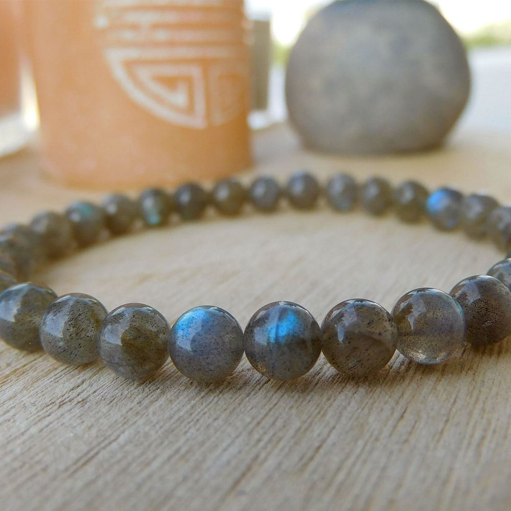Bracelet Homme/femme En Labradorite Naturelle Et Bois - Lithothérapie